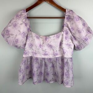 Audrey Parks X Francesca’s Lavender Floral Blouse W/ Puffy Sleeves Coquette XL